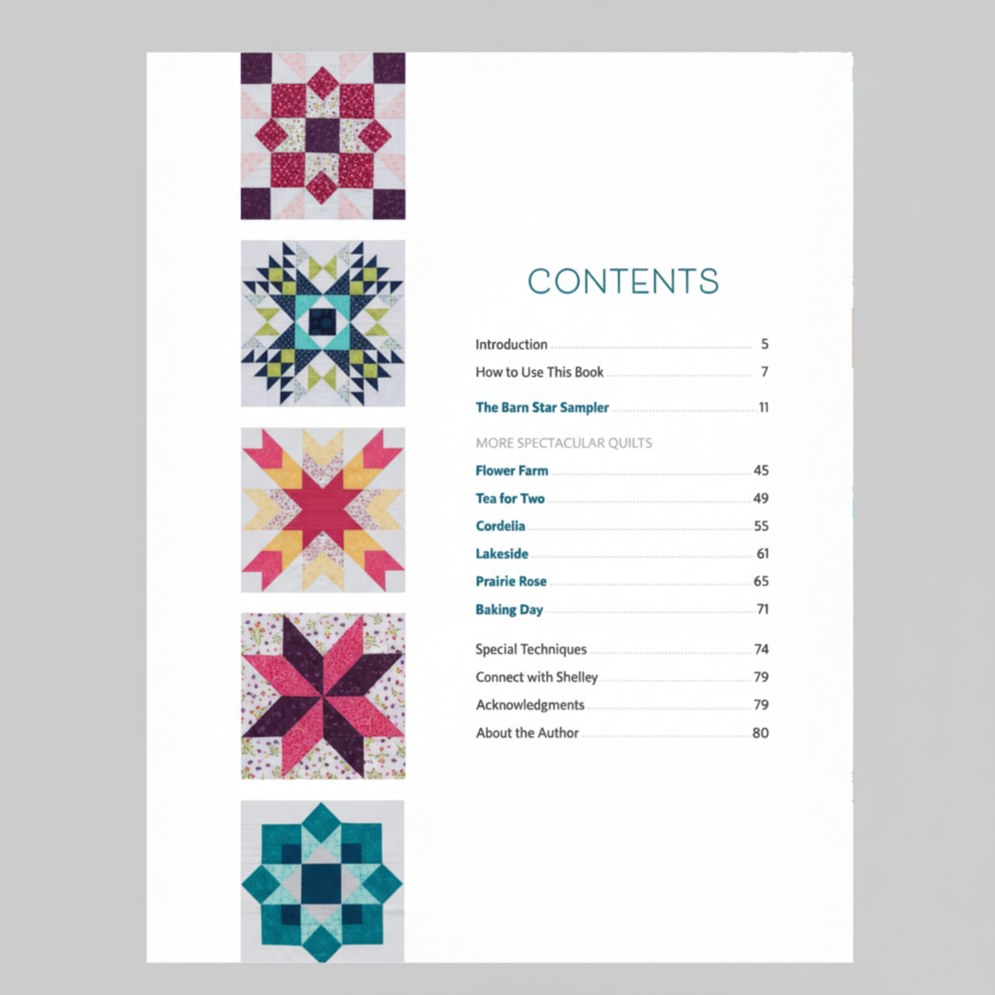 Barn Star Sampler book contents – quilt patterns, projects and barn star block designs