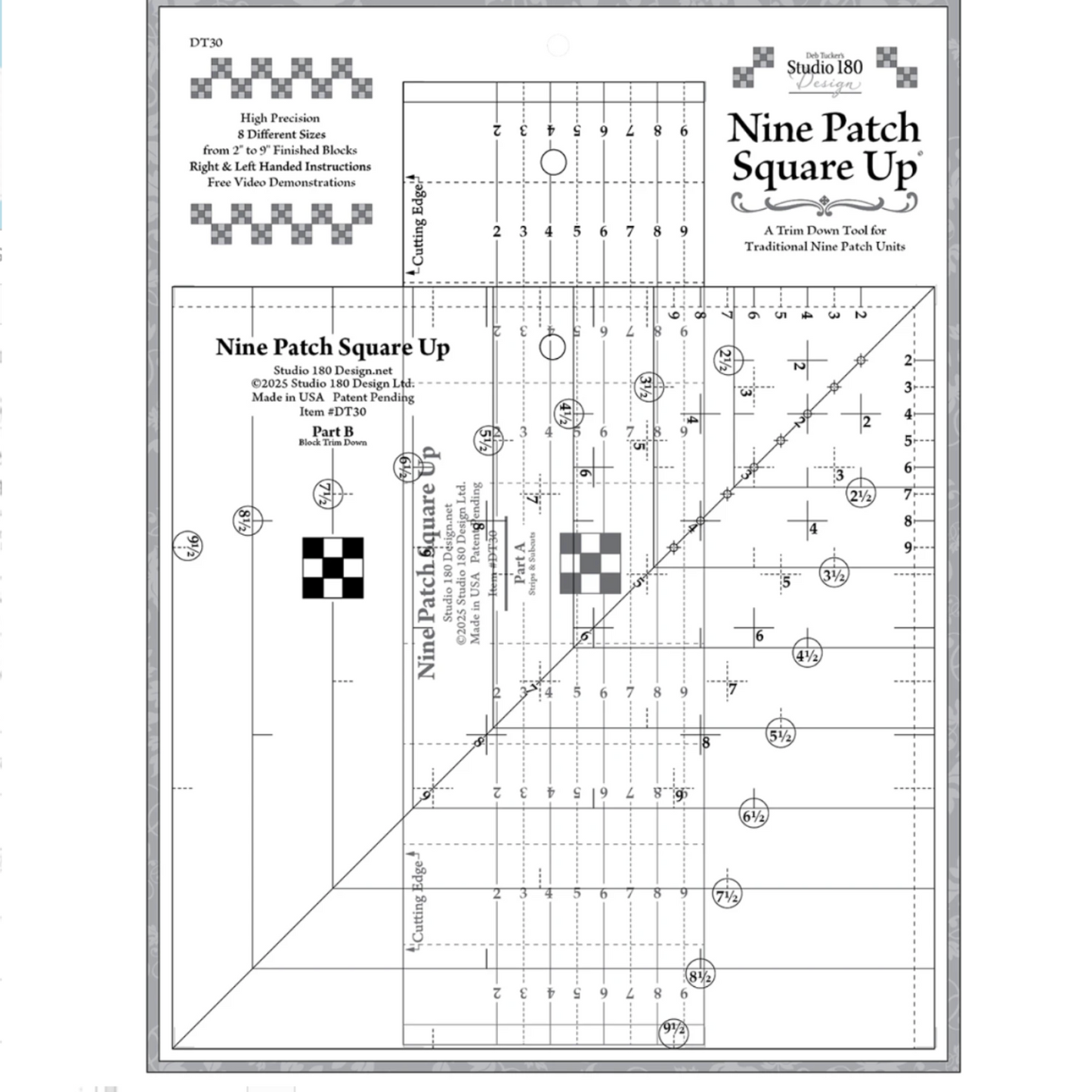 Nine Patch Square Up ruler – acrylic quilting tool for trimming perfect nine patch blocks