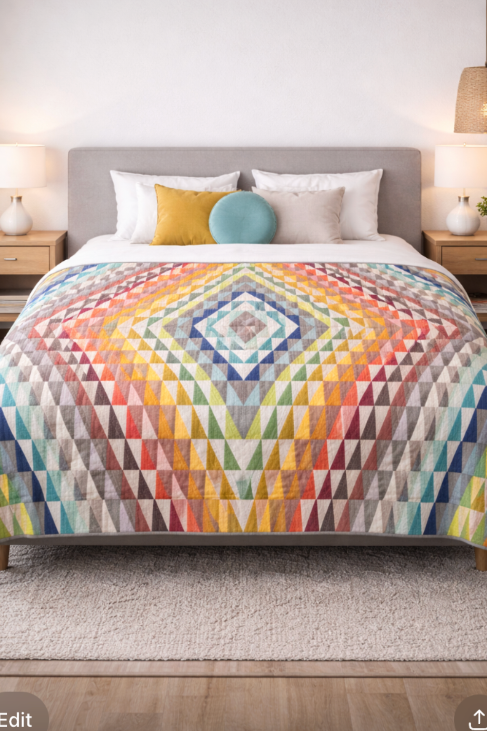 Modern quilt – Tripping Out – geometric rectangle HST quilt styled on bed in bedroom