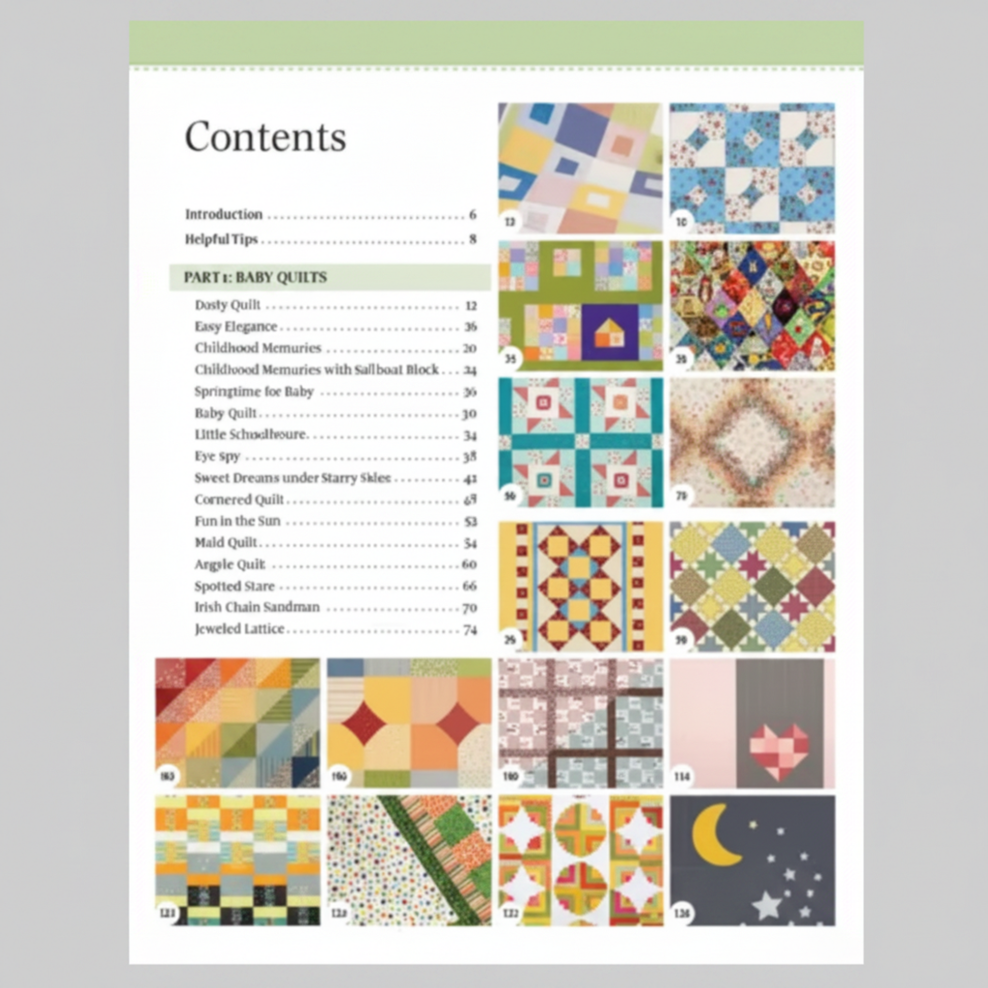 Contents pages from baby quilt quilting book showing quilt pattern names, page numbers, and project previews