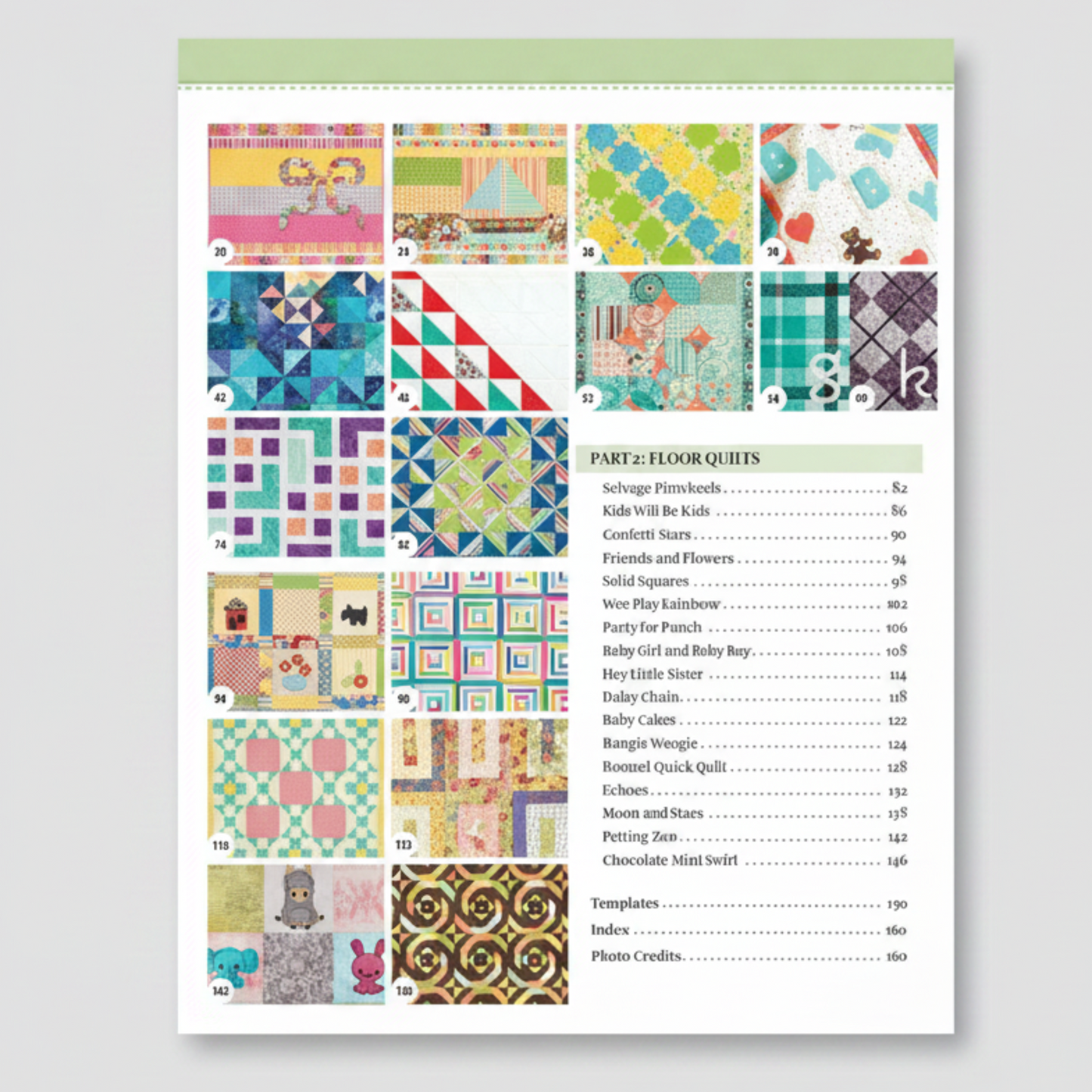 Contents pages from baby quilt quilting book showing quilt pattern names, page numbers, and project previews