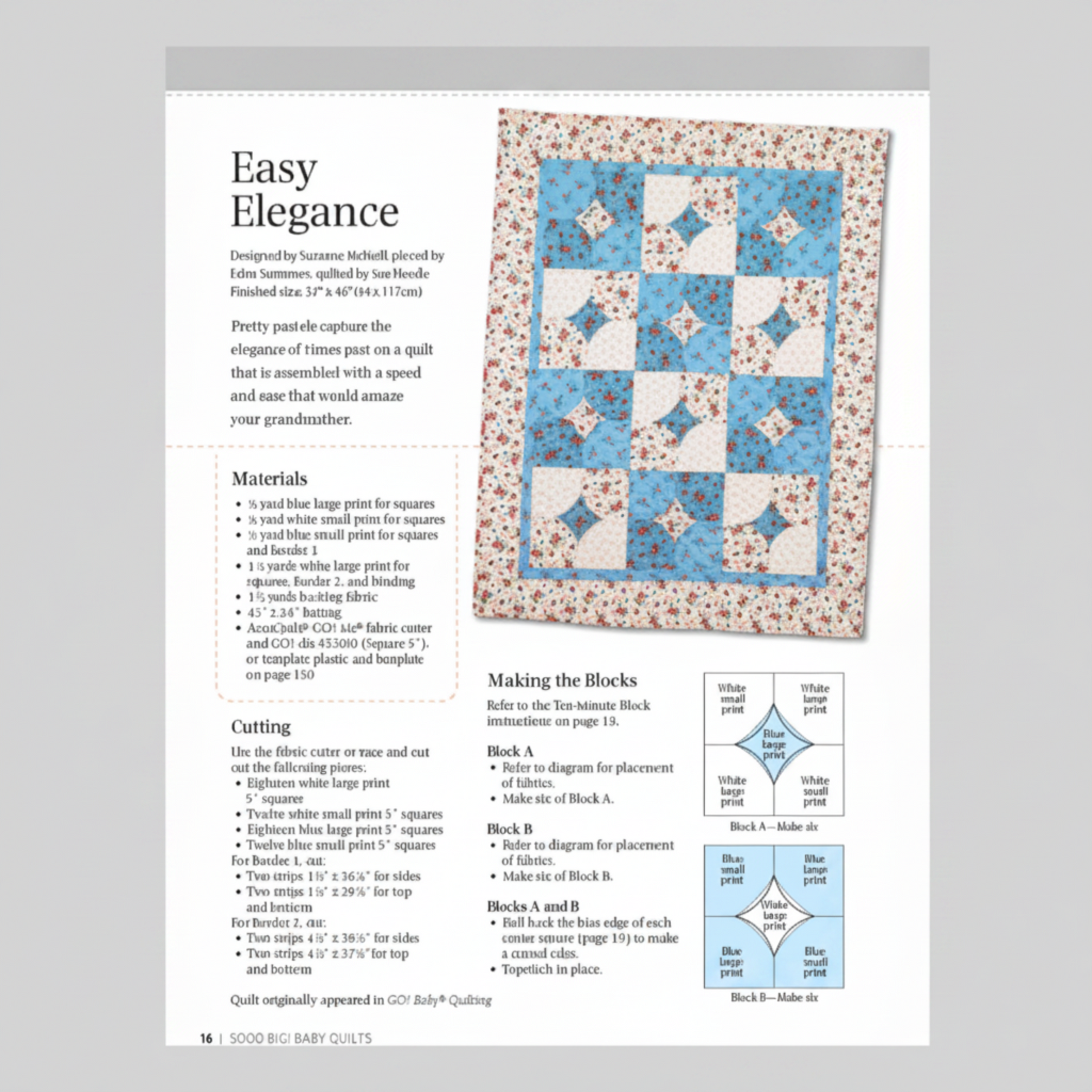 Easy Elegance baby quilt pattern in blue floral fabrics with curved patchwork blocks and pastel vintage style
