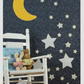 Moon and Stars nursery quilt wall hanging with yellow crescent moon and white stars on dark navy background
