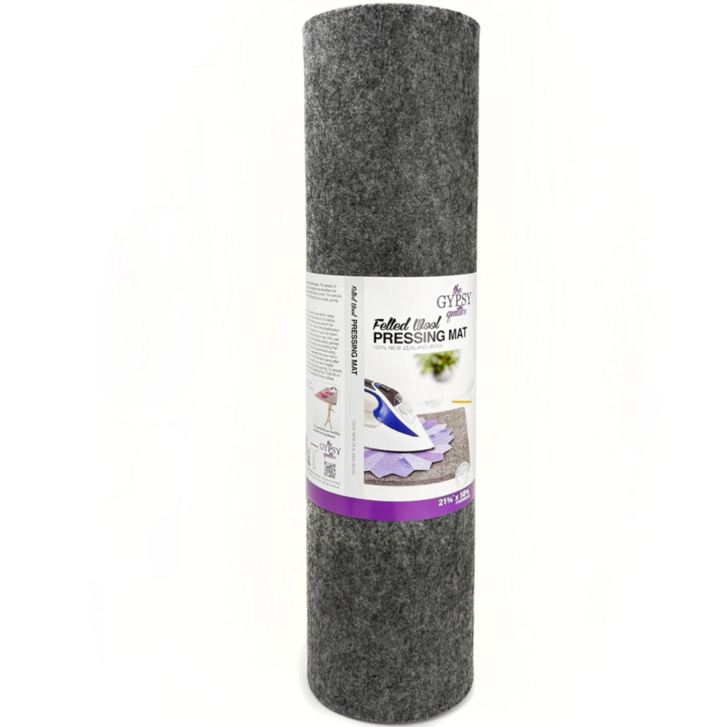Rolled gray Gypsy Quilter felted wool pressing mat with product label packaging