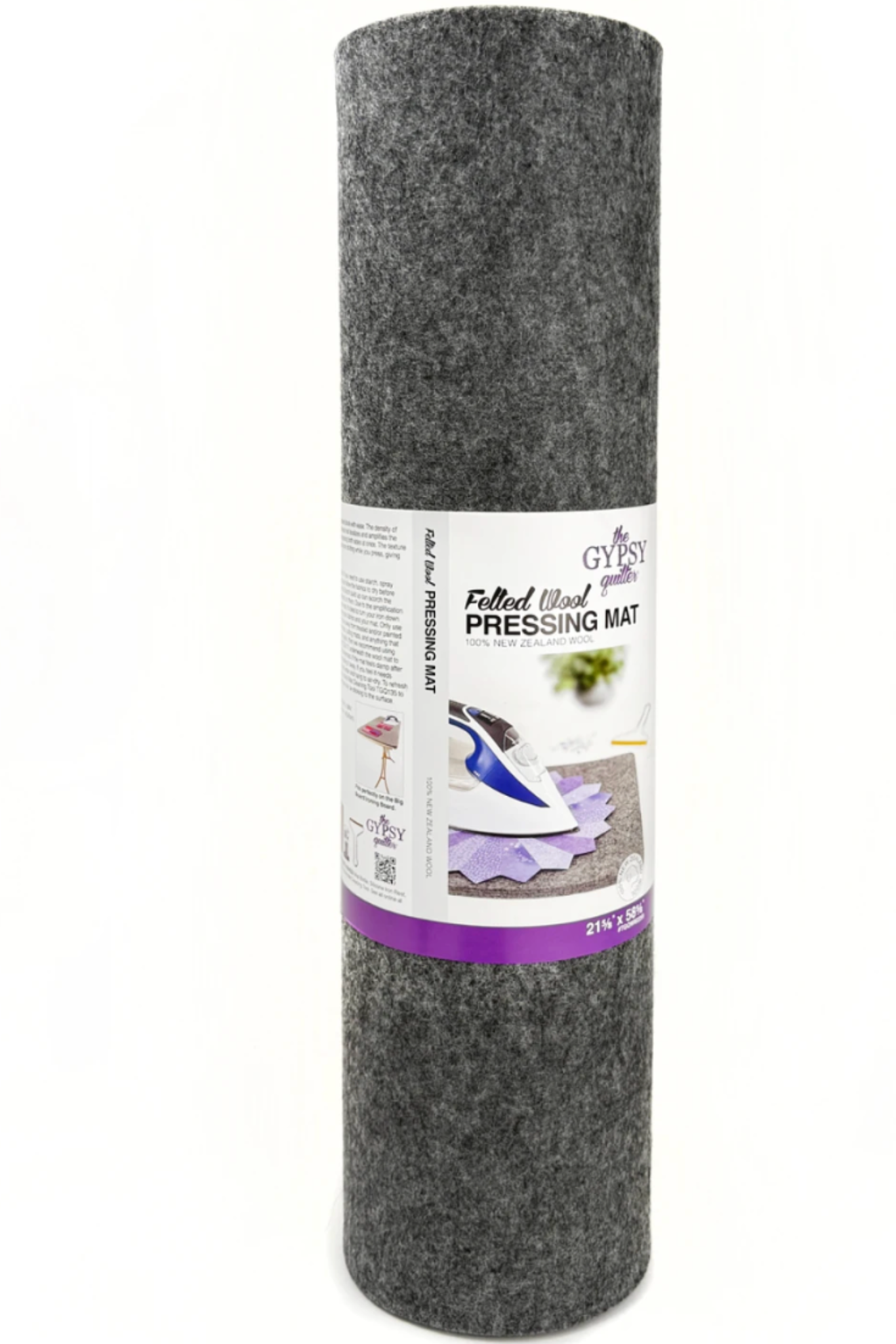 Rolled gray Gypsy Quilter felted wool pressing mat with product label packaging