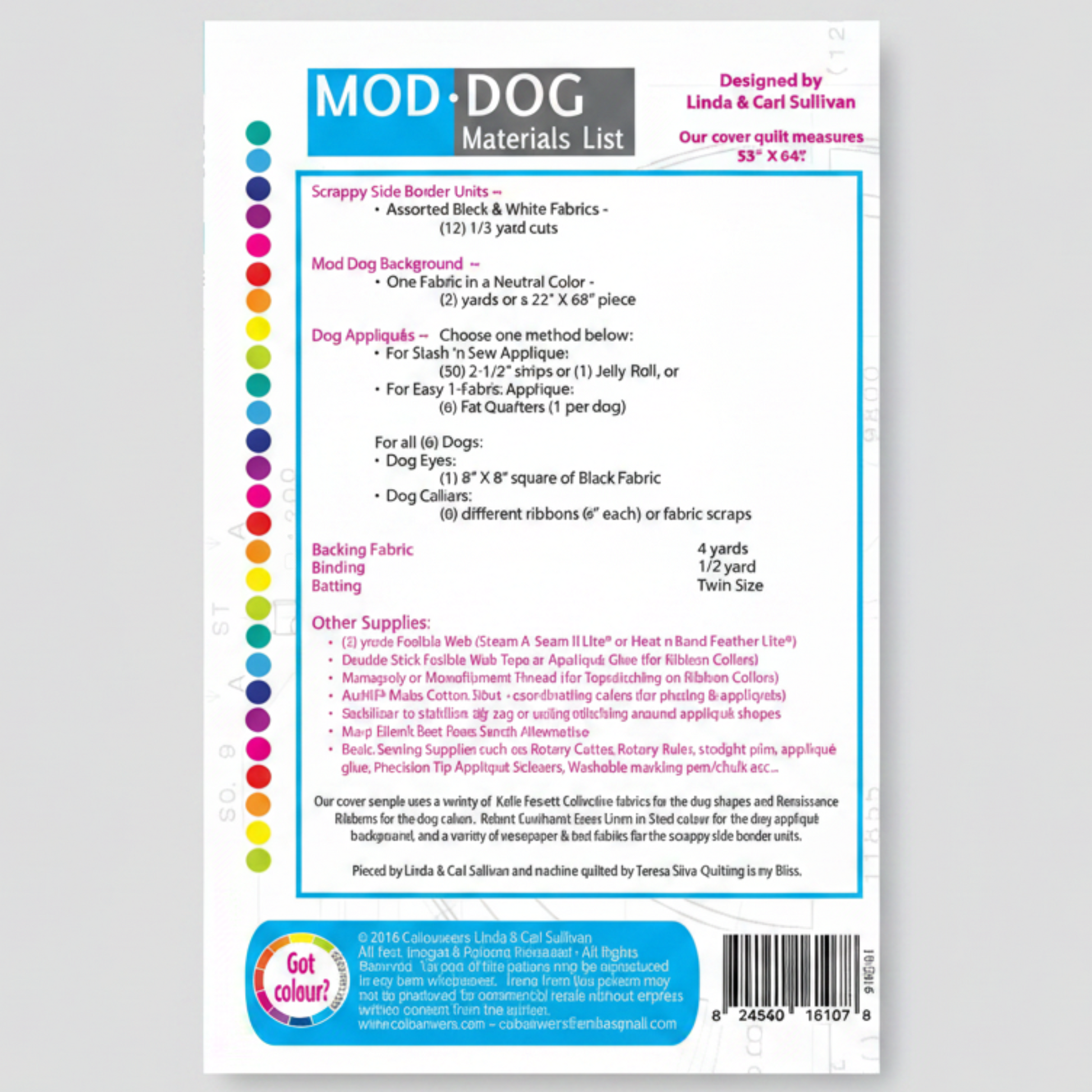 ModDog quilt pattern materials list with fabric requirements, applique instructions, and quilt supply details