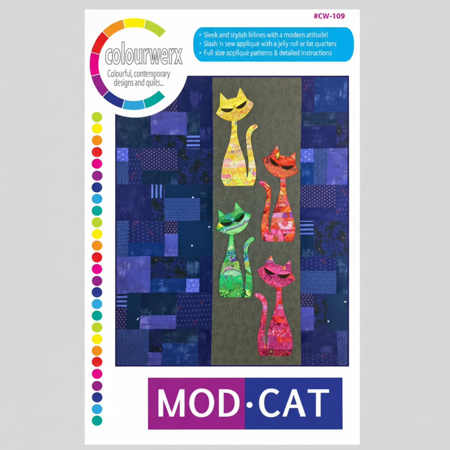 ModCat quilt pattern cover featuring colorful modern cat applique quilt design by Colourwerx