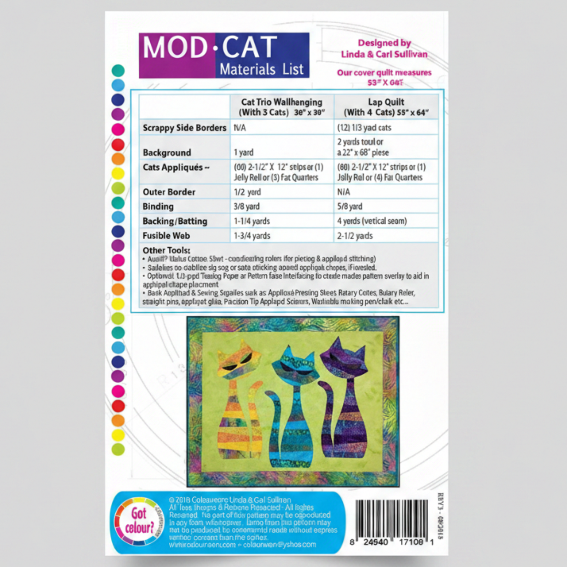 ModCat quilt pattern materials list with fabric requirements, applique instructions, and wall hanging quilt dimensions