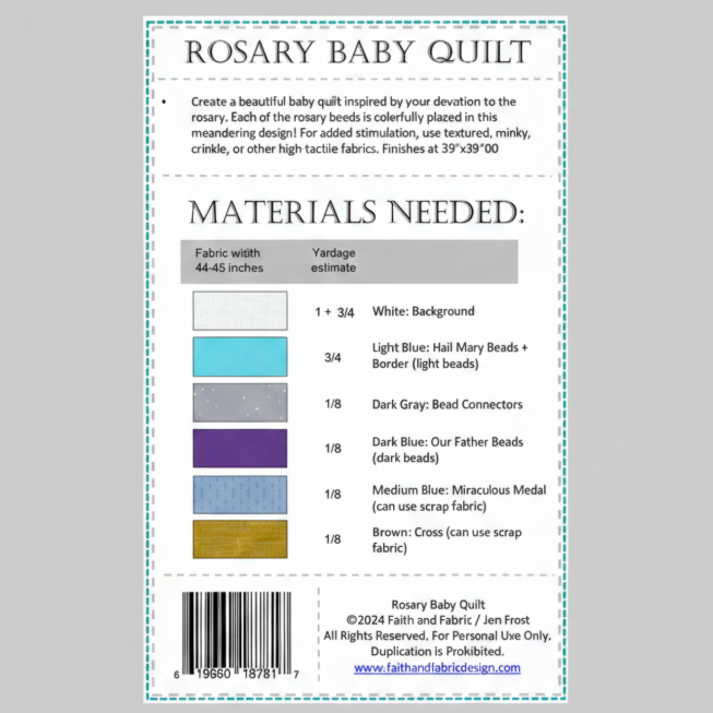 Rosary Baby Quilt materials list and fabric requirements for creating a 39 inch by 39 inch rosary-inspired baby quilt