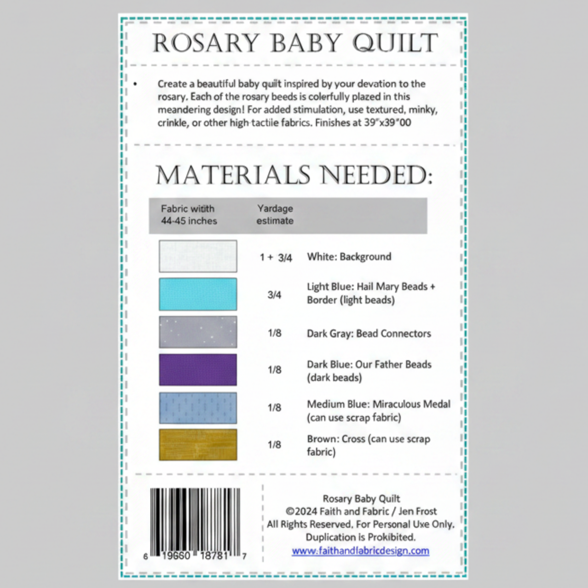 Rosary Baby Quilt materials list and fabric requirements for creating a 39 inch by 39 inch rosary-inspired baby quilt