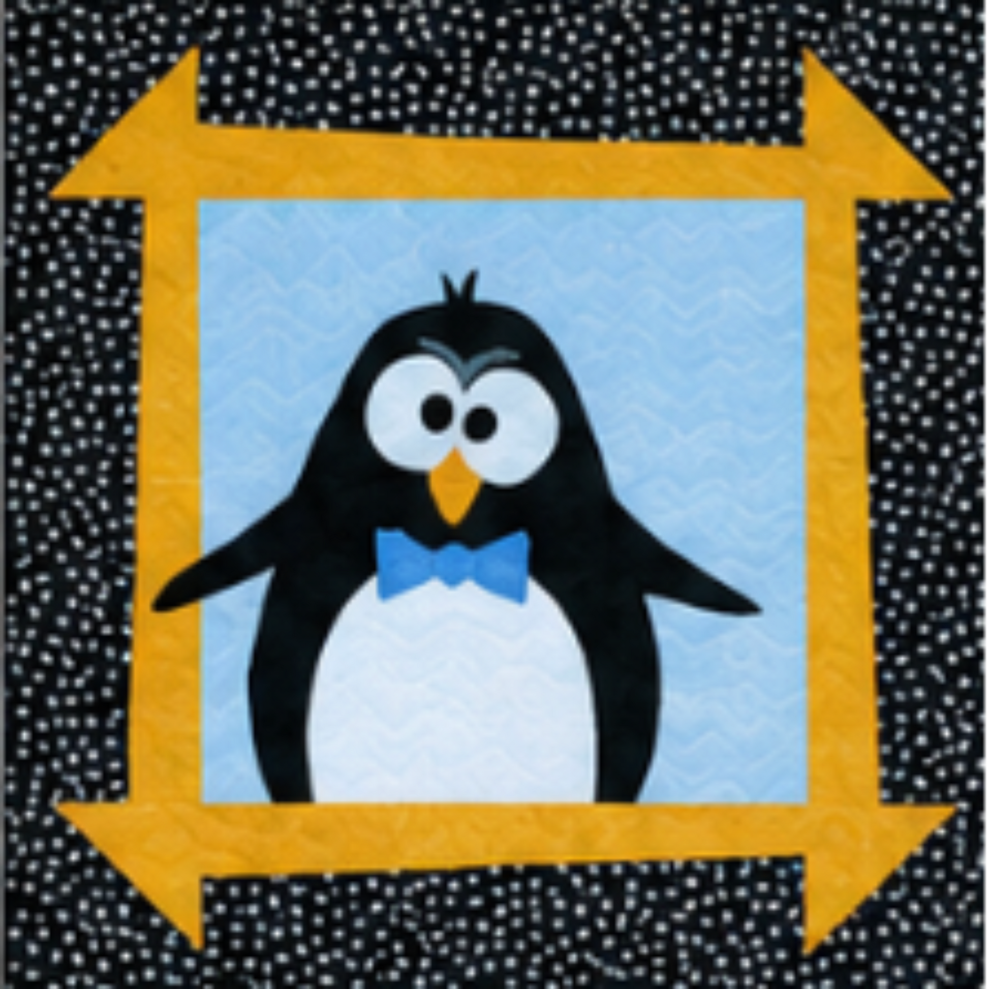 Penguin applique quilt block with black and white penguin design framed by yellow arrow border on dotted black background