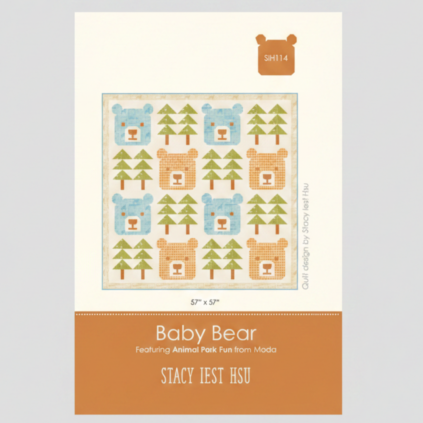 Baby Bear quilt pattern cover with blue and orange bear blocks and pine trees by Stacy Iest Hsu