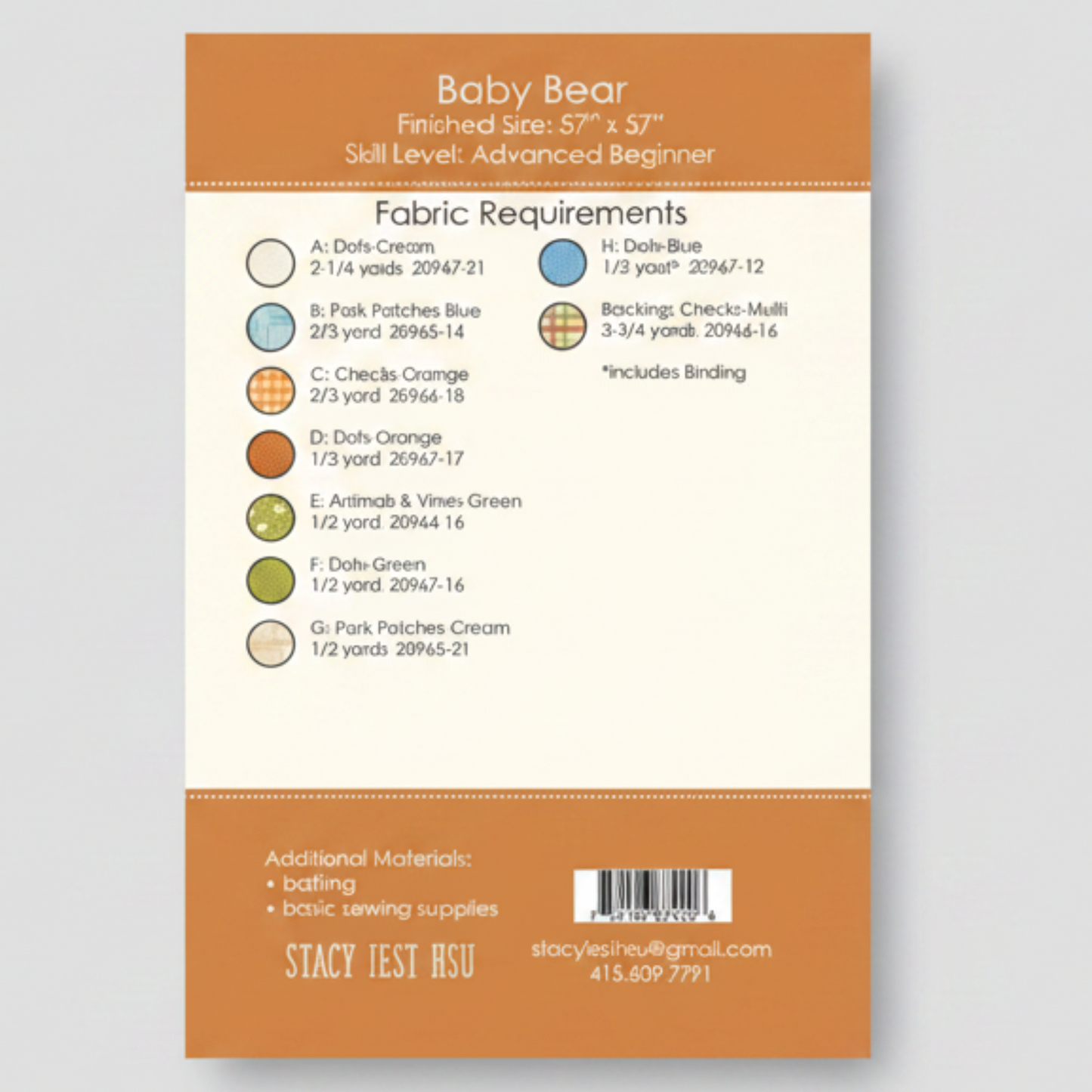 Back cover of Baby Bear quilt pattern showing fabric requirements, yardage chart, and finished quilt size details