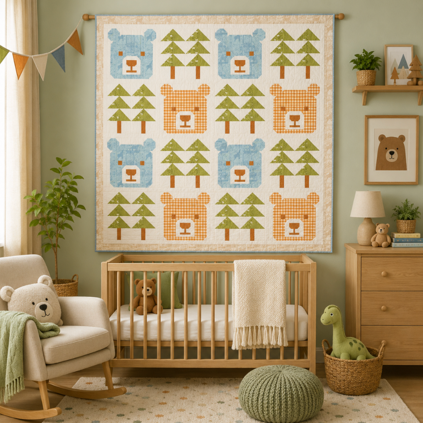 Baby Bear quilt wall hanging in a neutral kids bedroom with teddy bears, green bedding, and woodland décor