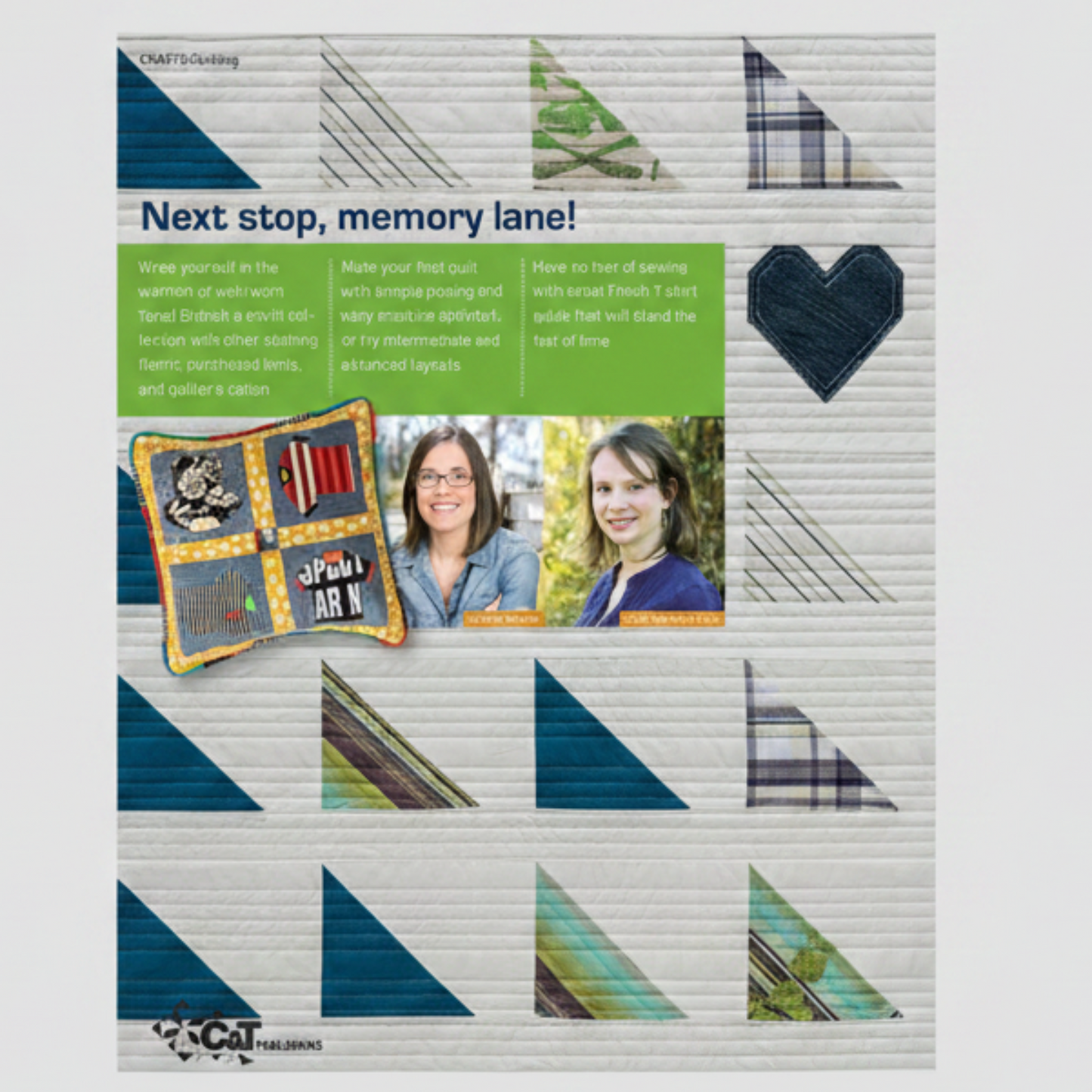 Inside page of The T-Shirt Quilt Book showing memory quilt techniques, author photos, and quilting inspiration