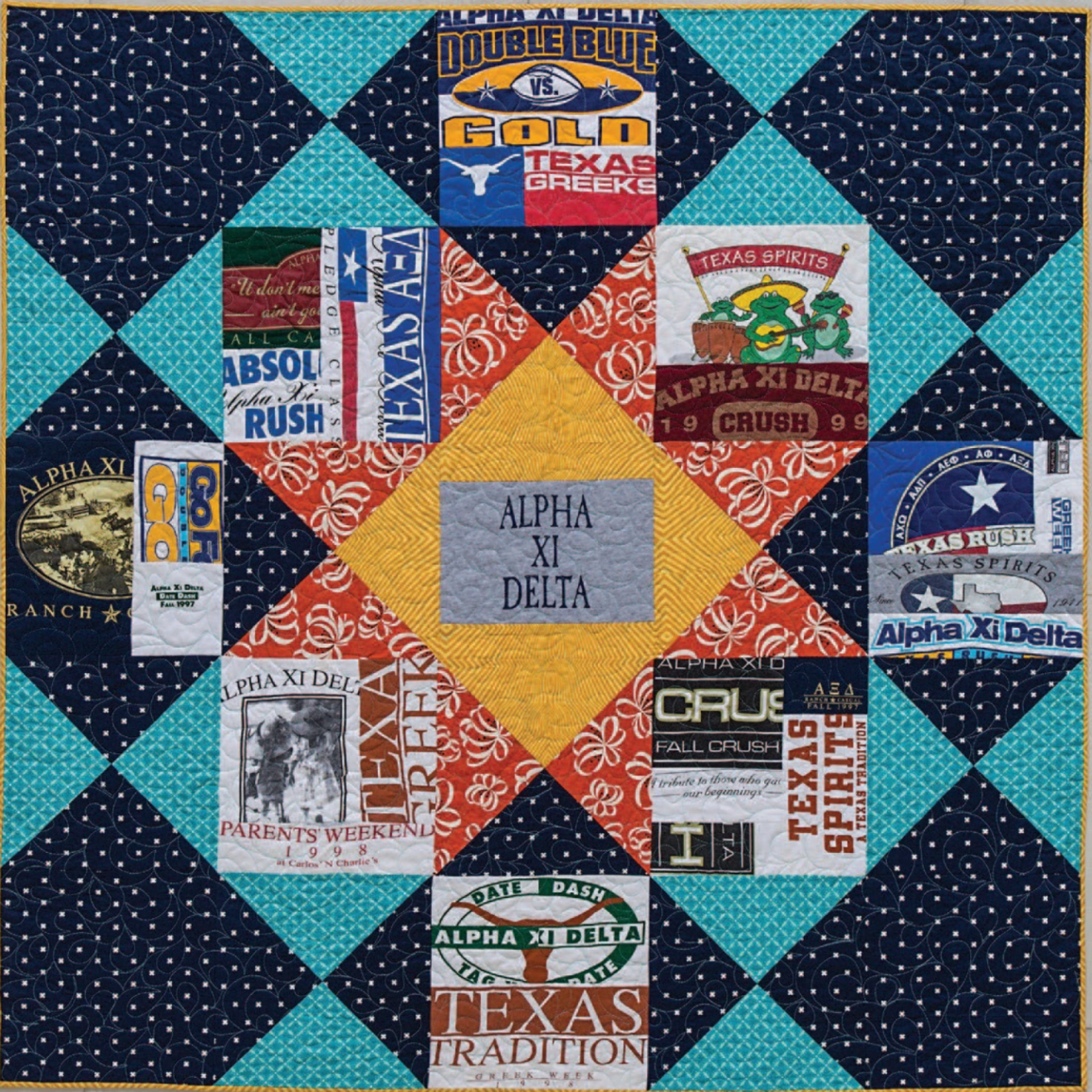Memory quilt pattern featuring college and fraternity T-shirts in a geometric quilt layout