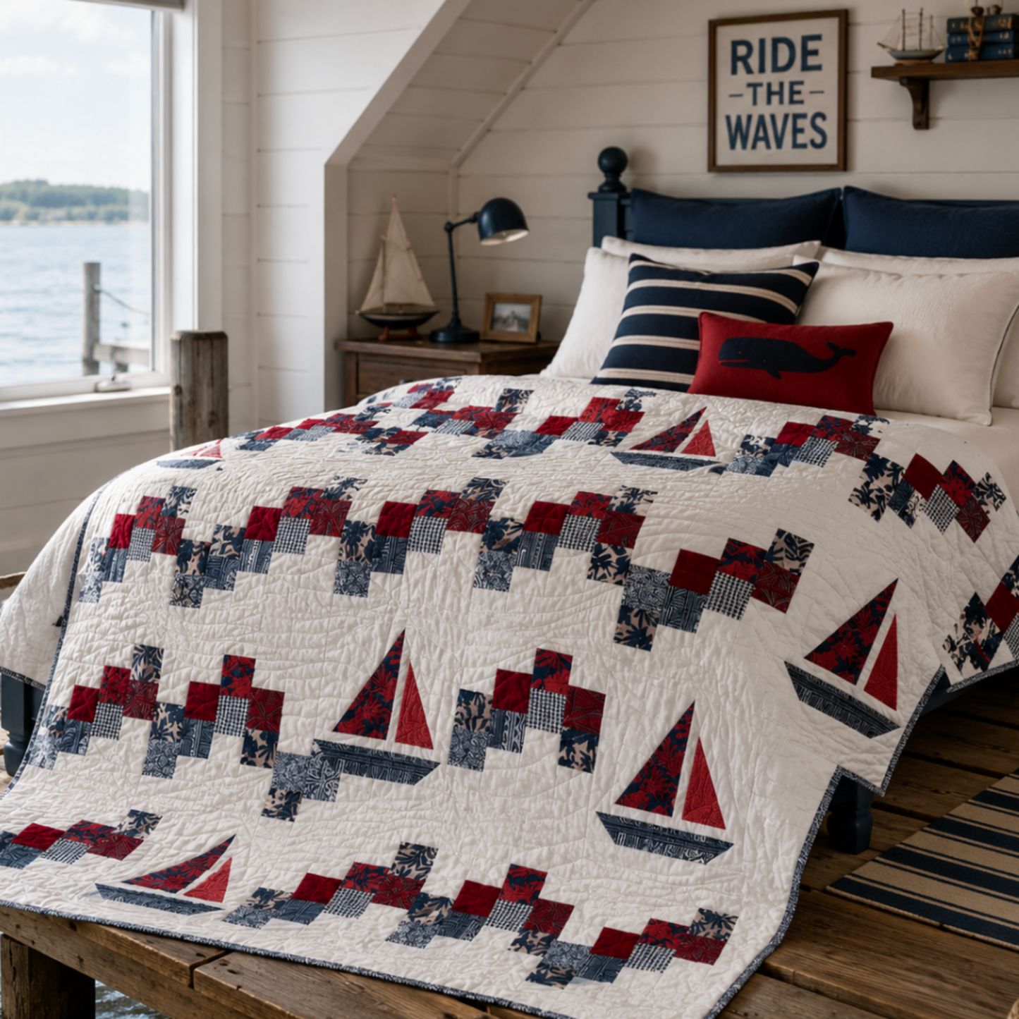 Handmade nautical sailboat quilt styled on a bed in a coastal bedroom with navy, red, and white décor.
