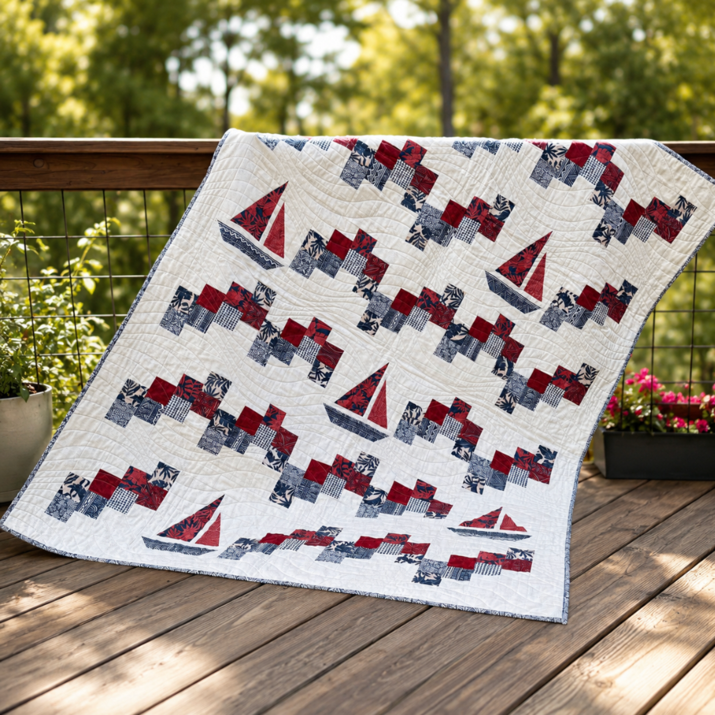 Handmade sailboat quilt displayed on a deck railing with red and navy patchwork boats and wave quilting.