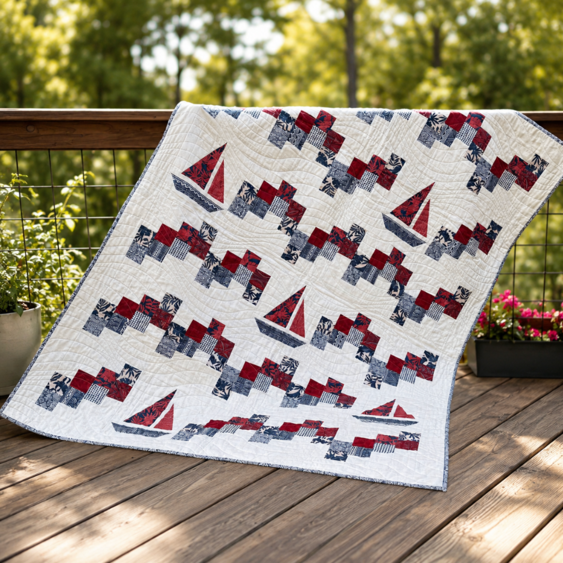 Handmade sailboat quilt displayed on a deck railing with red and navy patchwork boats and wave quilting.