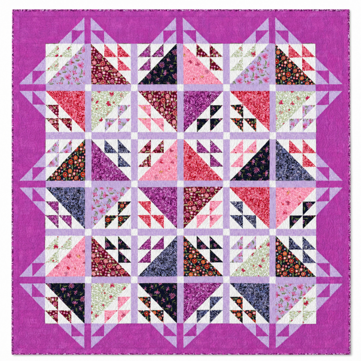 Handmade Emilia quilt in floral and geometric design, size 76 by 76 inches.