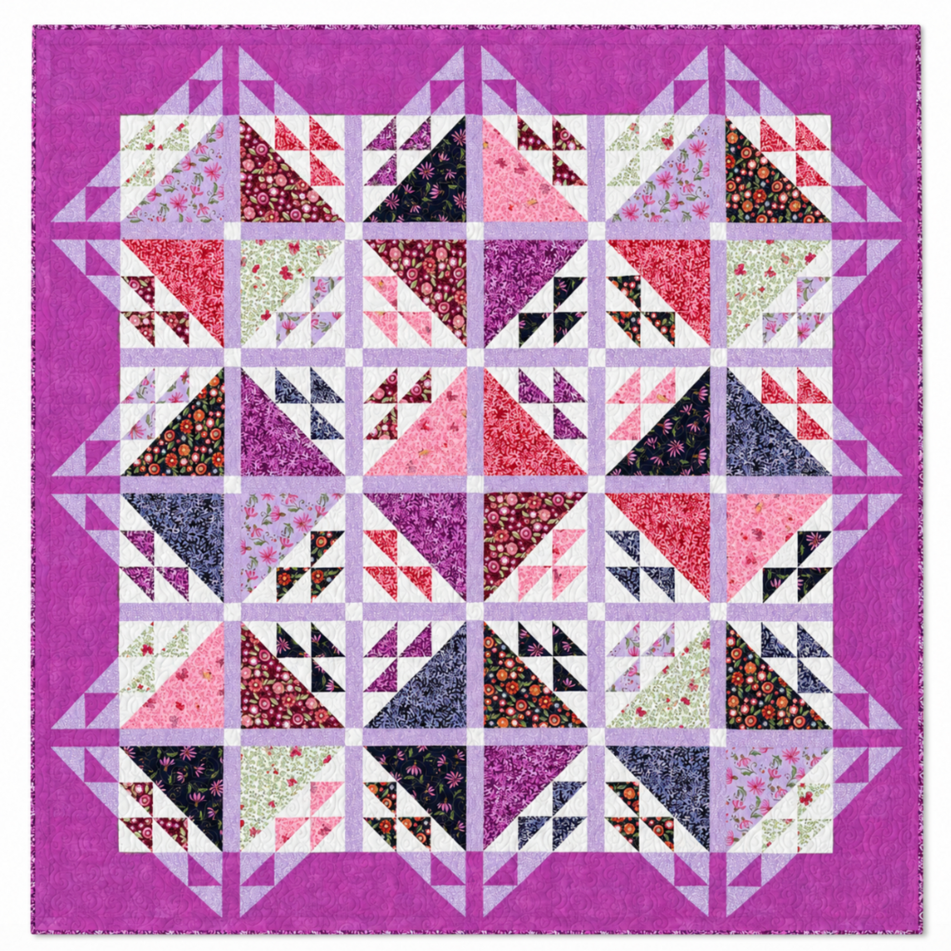 Handmade Emilia quilt in floral and geometric design, size 76 by 76 inches.