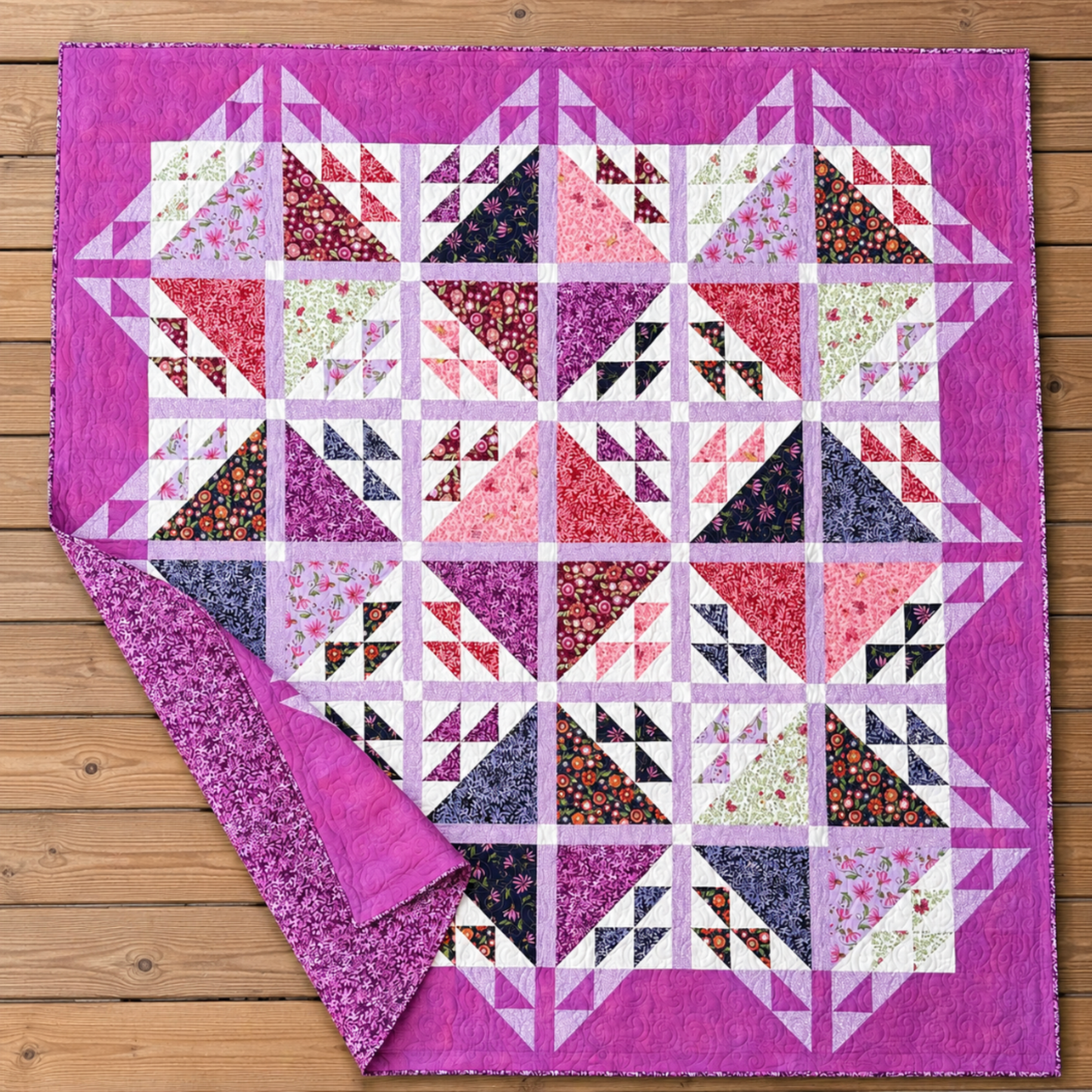 Handmade Emilia quilt in floral and geometric design, large size 76 by 76 inches.