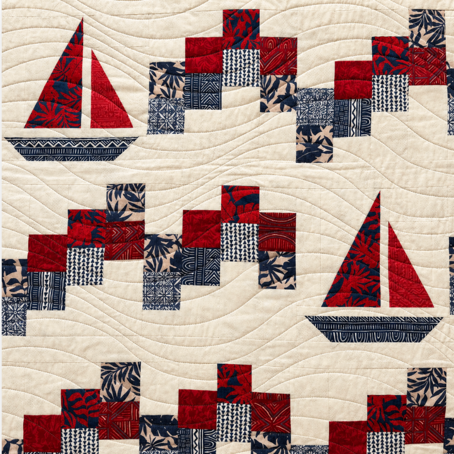 Close-up of handmade sailboat quilt showing red and navy sailboats, patchwork blocks, and wave quilting texture.