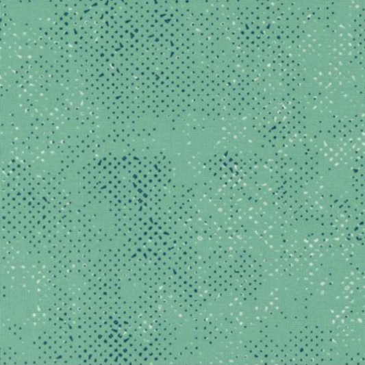 Spotted Chill-Aqua fabric by Zen Chic for Moda Fabrics — soft aqua-teal ground with scattered multi-toned dot texture, 100% cotton quilting blender, 44–45" wide. Available at IraRobi Quilts.
