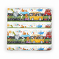 On the Go Border Stripe quilting cotton fabric draped in soft folds to highlight texture and whimsical vehicles and animal border design.