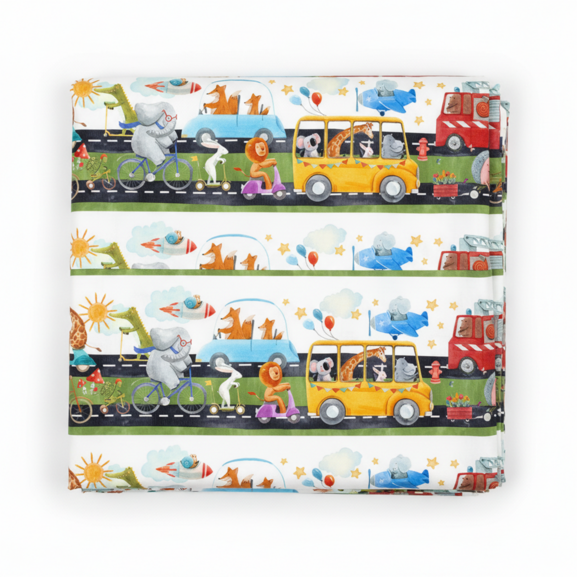 On the Go Border Stripe quilting cotton fabric draped in soft folds to highlight texture and whimsical vehicles and animal border design.