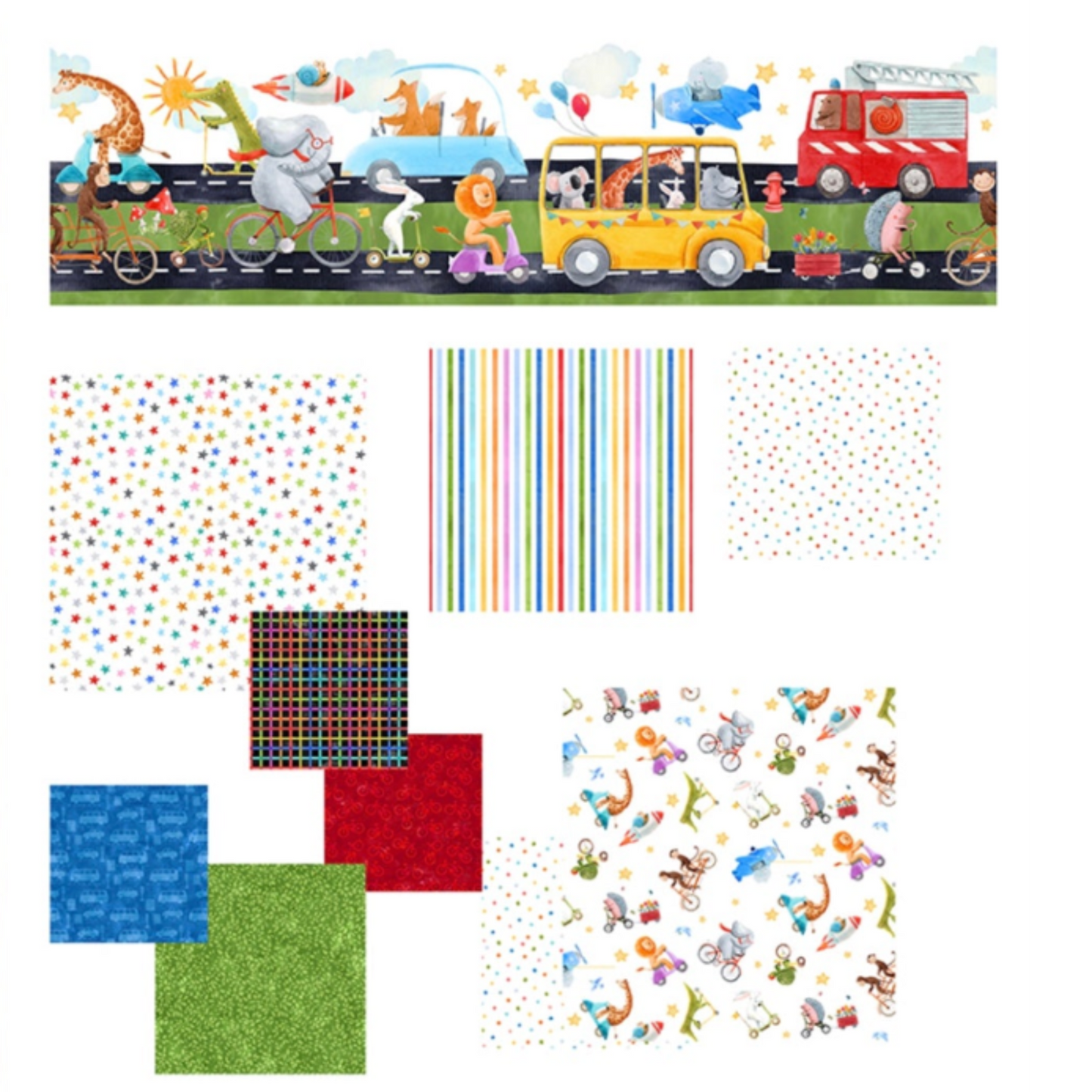 On the Go Leaves Green quilting cotton with coordinating On the Go collection fabrics – travel theme inspiration