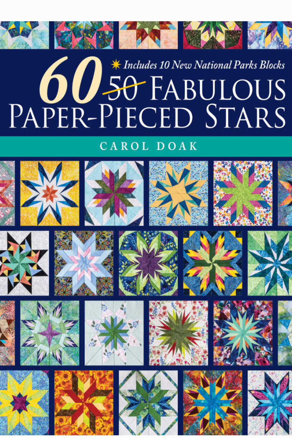 Book cover of '60 Fabulous Paper-Pieced Stars' by Carol Doak with star quilt patterns.