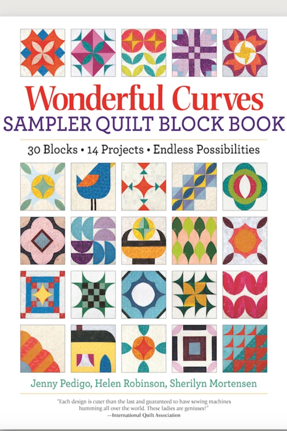 Book cover of 'Wonderful Curves Sampler Quilt Block Book' with quilt block patterns.