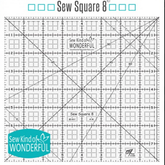 Sew Square 8 ruler with grid lines and measurements, branded 'Sew Kind of Wonderful'.