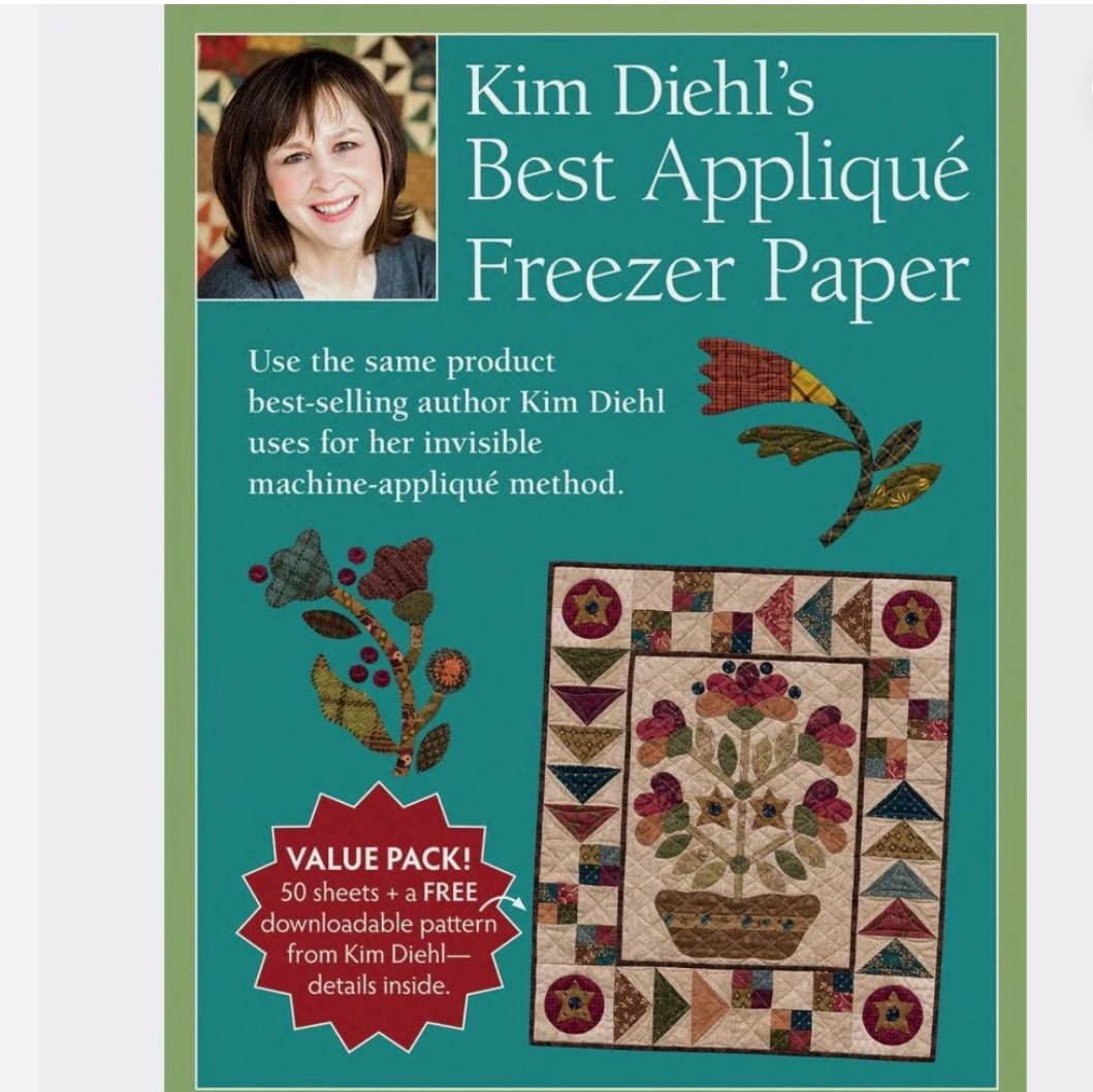 Product packaging for Kim Diehl's Best Applique Freezer Paper with a quilt design and author photo.