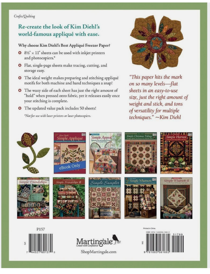 Back cover of a book or product packaging featuring appliqué designs and branding.