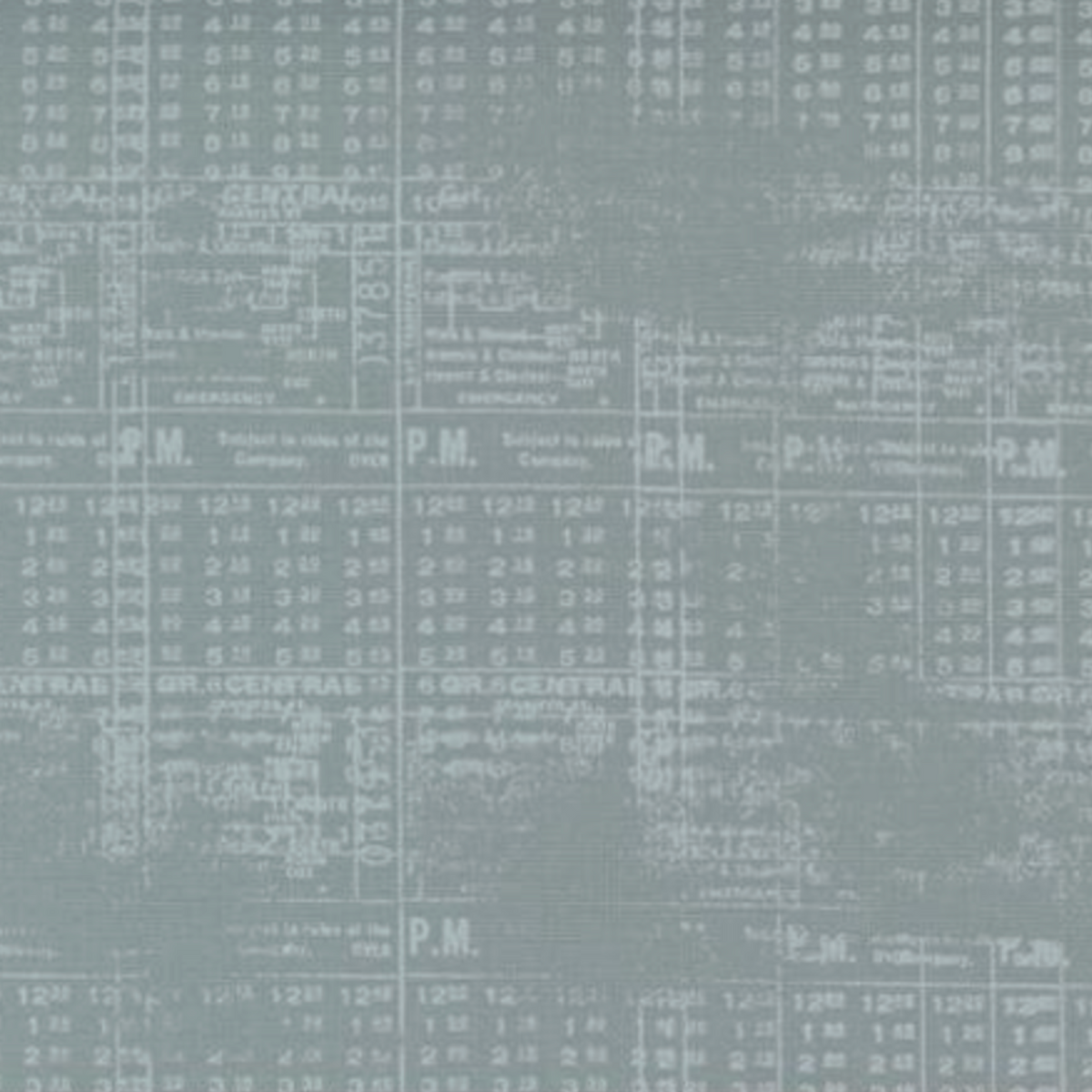 Close-up of Modern Background Even More Paper Steel Stamps fabric by Zen Chic for Moda Fabrics, showing pale layered grids and stamped marks on a muted steel-blue background.