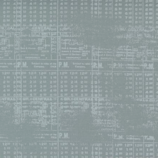 Close-up of Modern Background Even More Paper Steel Stamps fabric by Zen Chic for Moda Fabrics, showing pale layered grids and stamped marks on a muted steel-blue background.