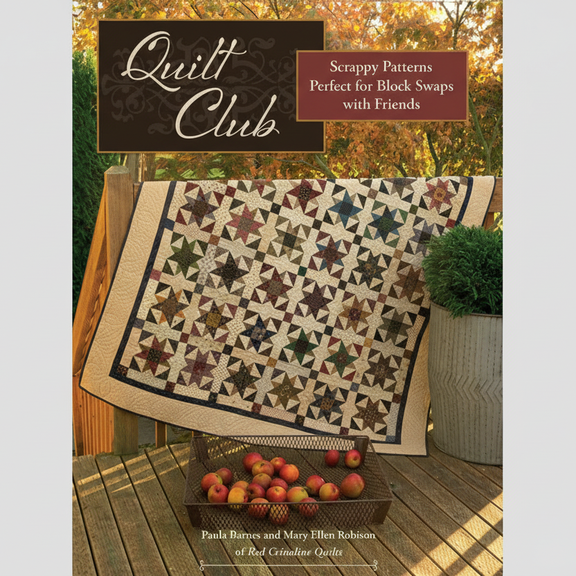 Quilt Club book cover featuring a scrappy vintage-style quilt displayed outdoors, by Paula Barnes and Mary Ellen Robison
