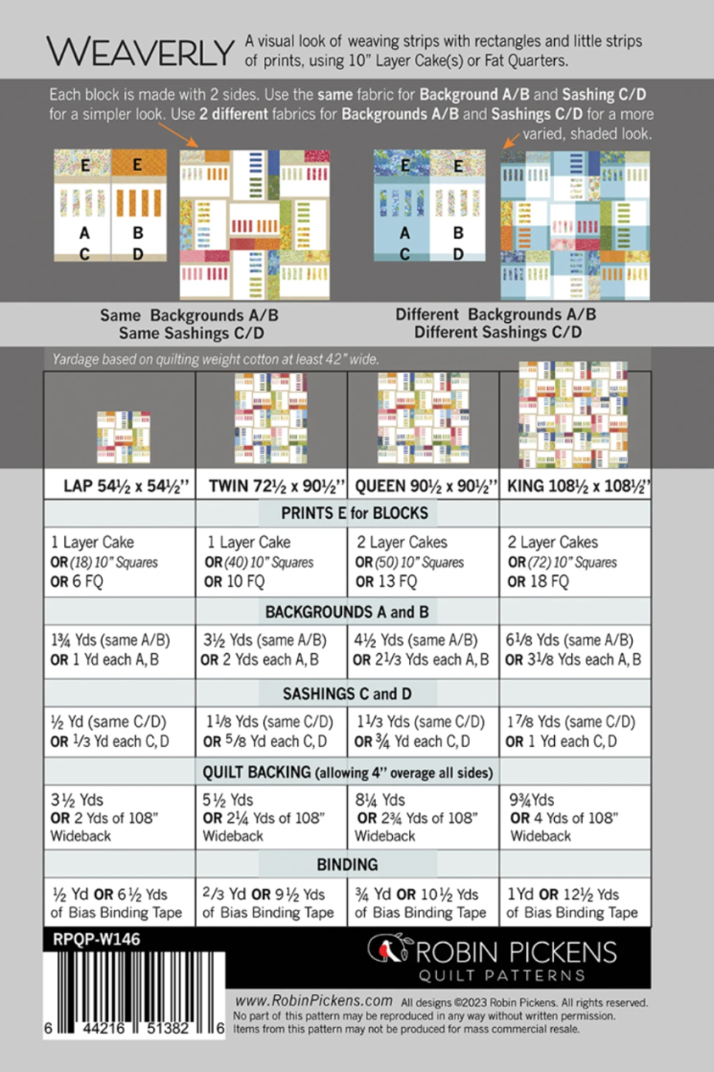 Weaverly quilt pattern packaging with fabric swatches and design information.