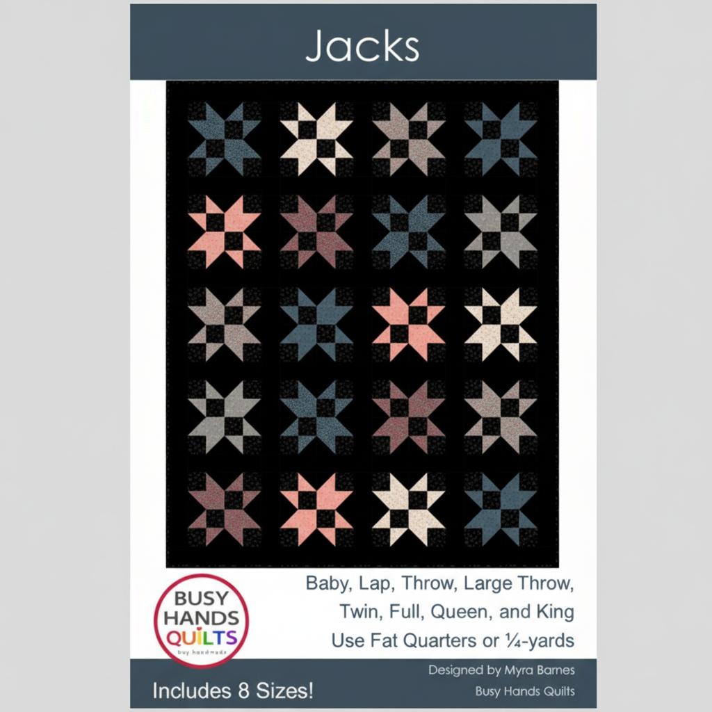Quilt pattern packaging with star quilt design and 'Busy Hands Quilts' branding.