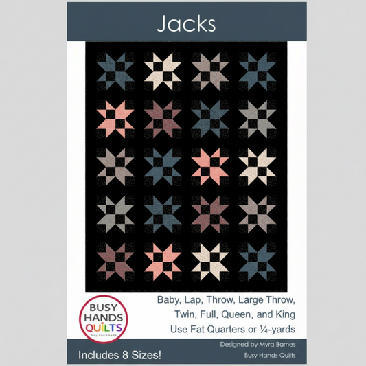 Quilt pattern packaging with star quilt design and 'Busy Hands Quilts' branding.