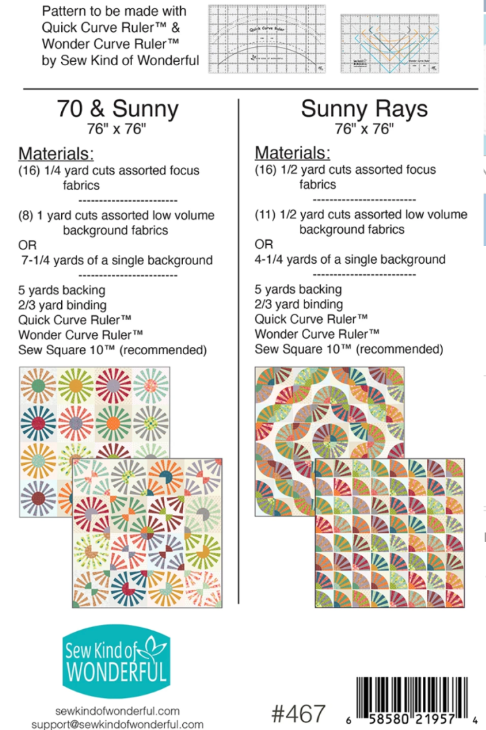 Quilt pattern sheet for 'Sunny Rays' with colorful quilt design and material requirements.