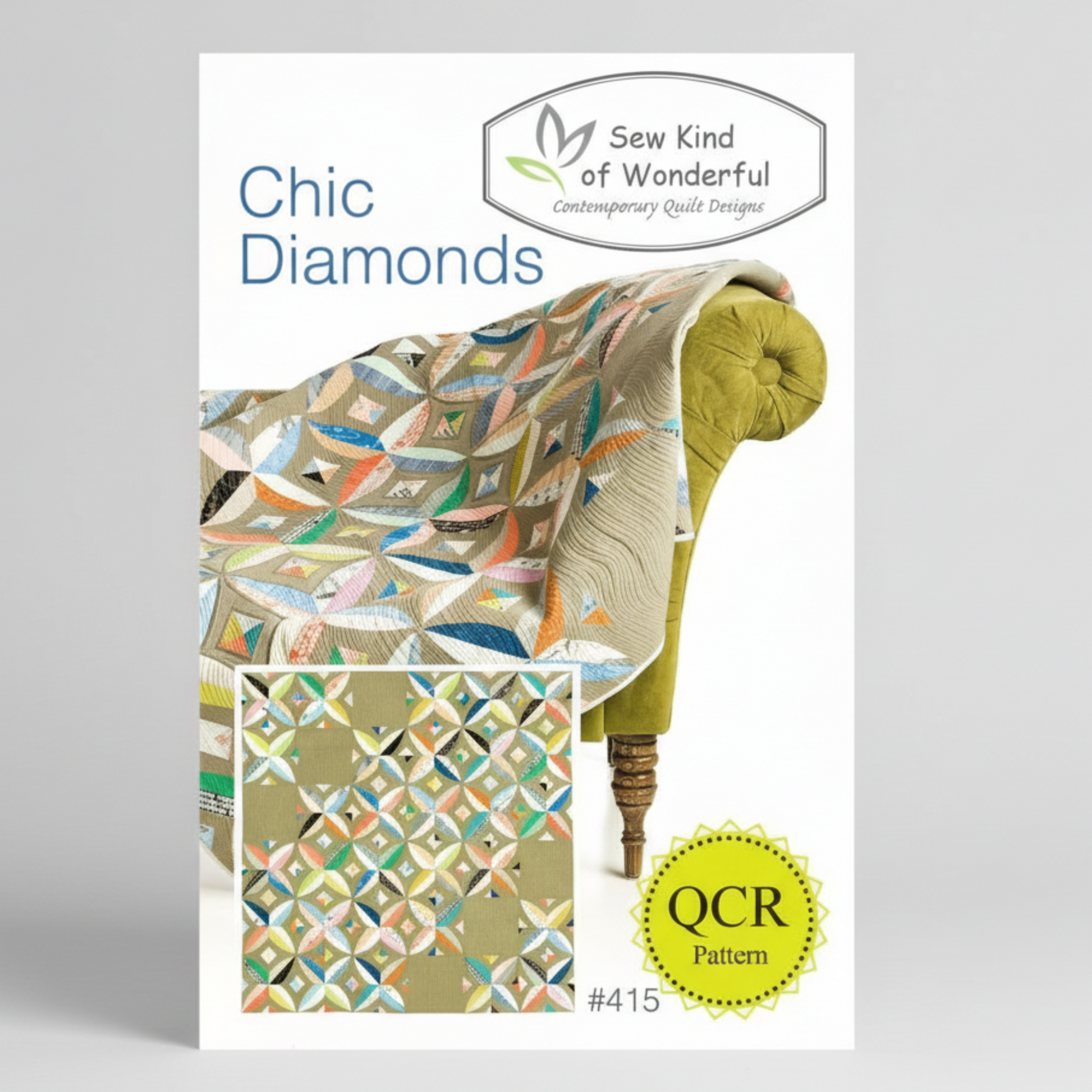Quilt pattern book titled 'Chic Diamonds' by Sew Kind of Wonderful on a gray background.