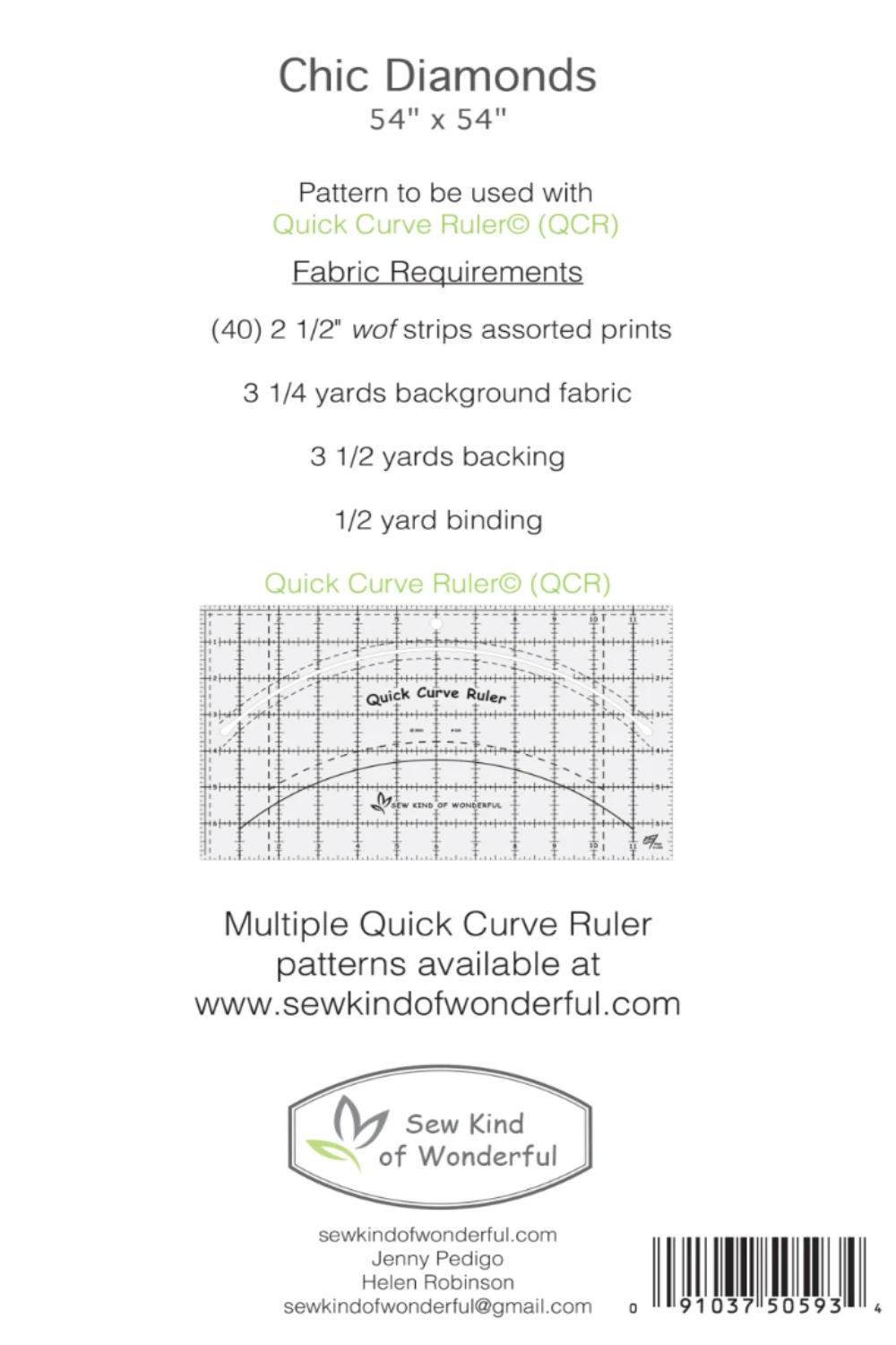 Fabric requirements card for 'Chic Diamonds' pattern with sewing tools and brand information.