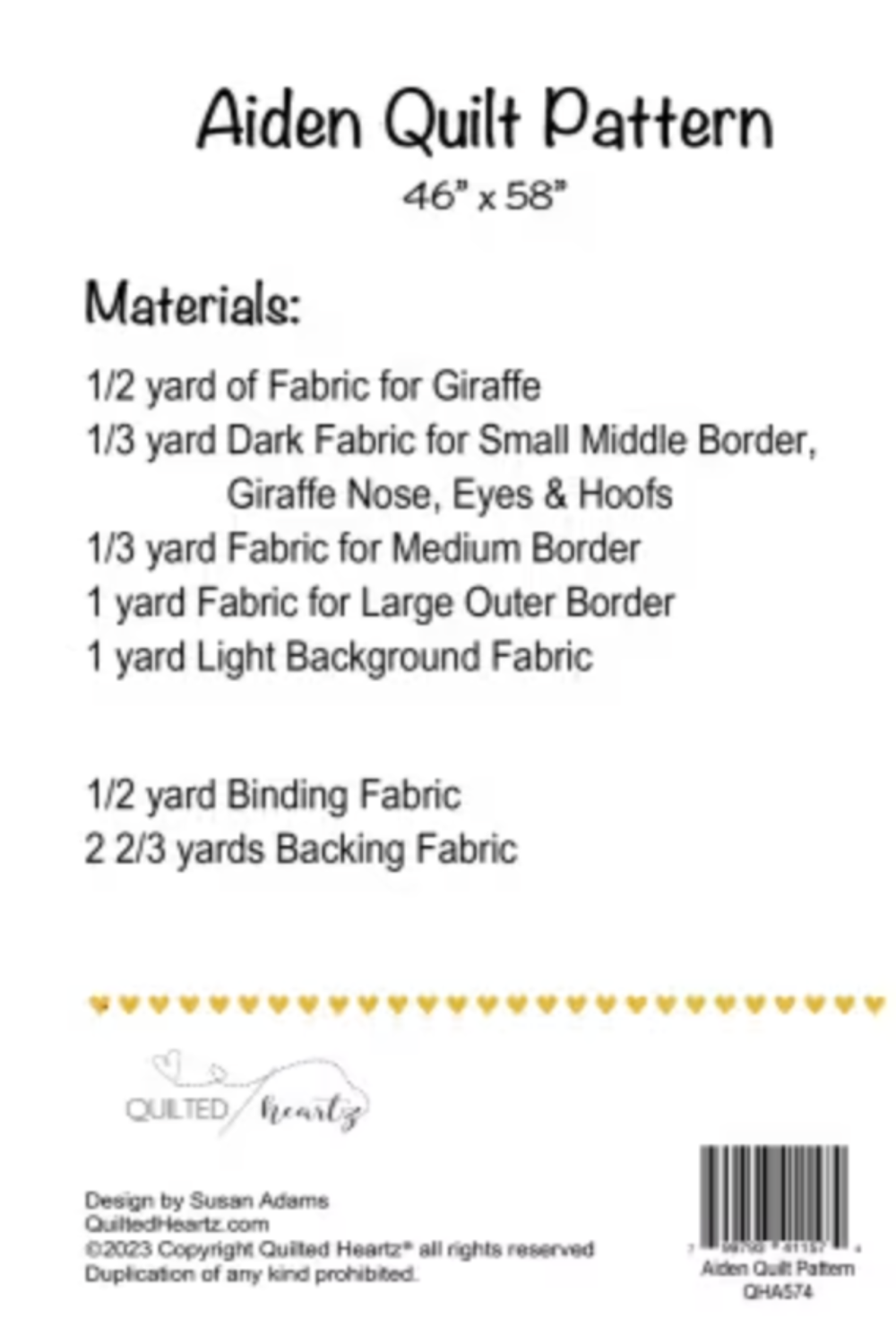 Aiden Quilt Pattern with fabric requirements on a white background