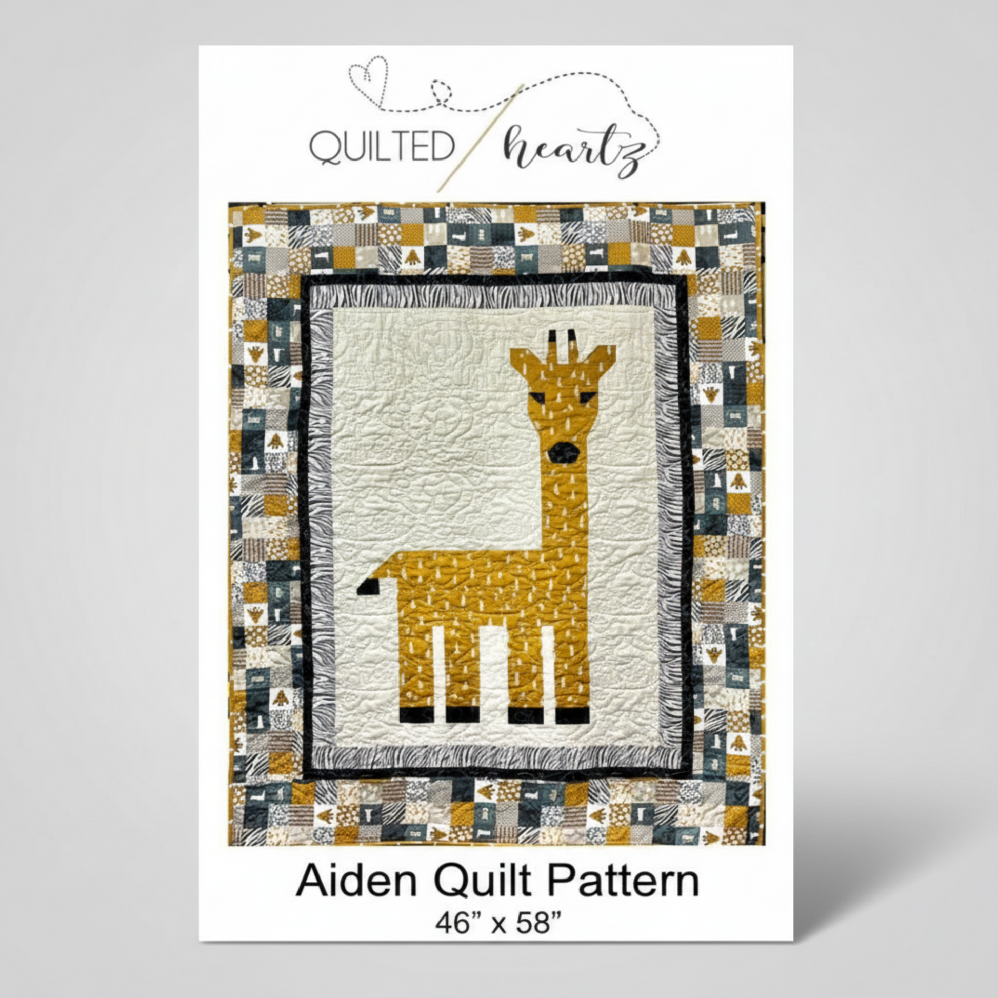 Quilt pattern packaging for 'Aiden' quilt with a giraffe design on a white background.