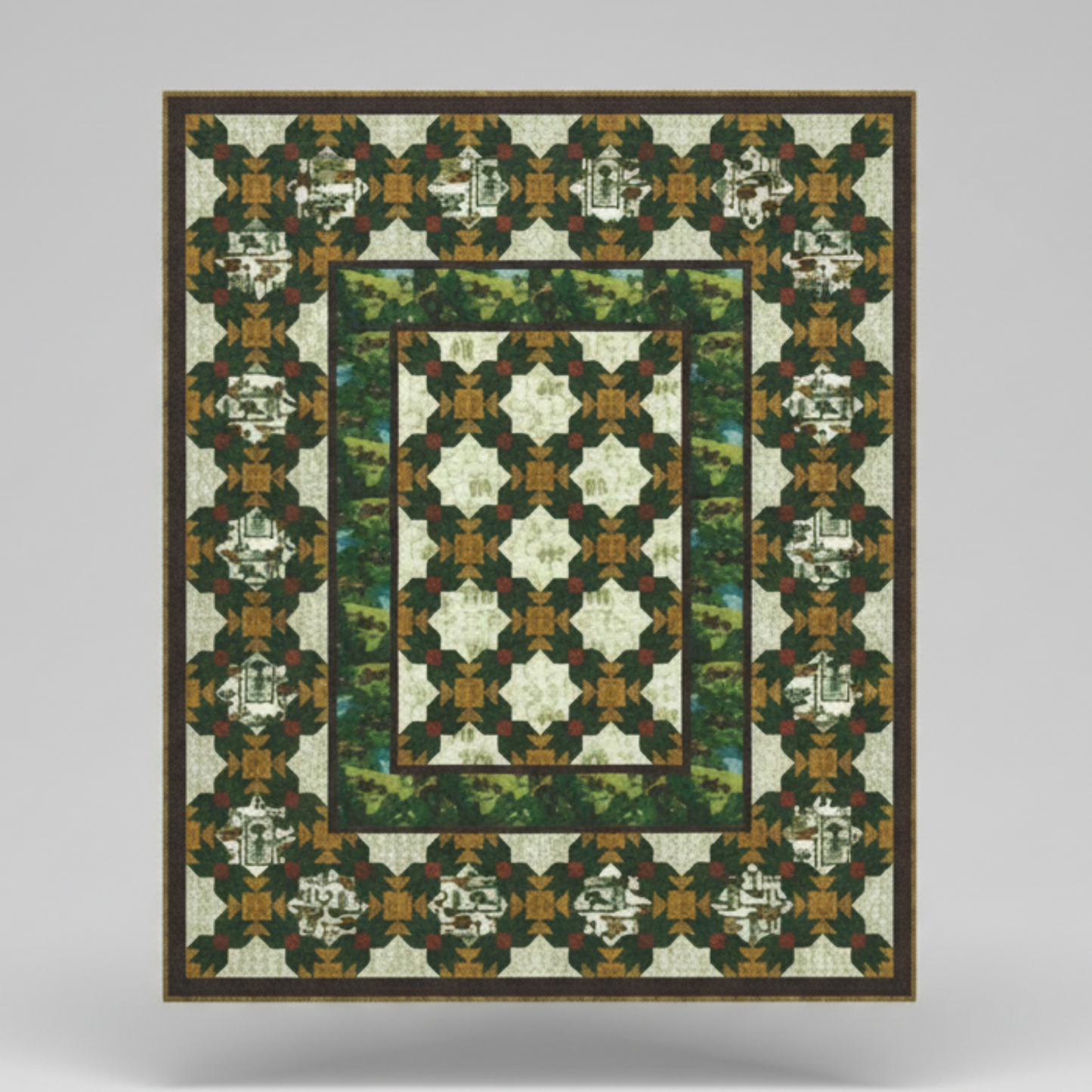Quilt with geometric pattern on a gray background