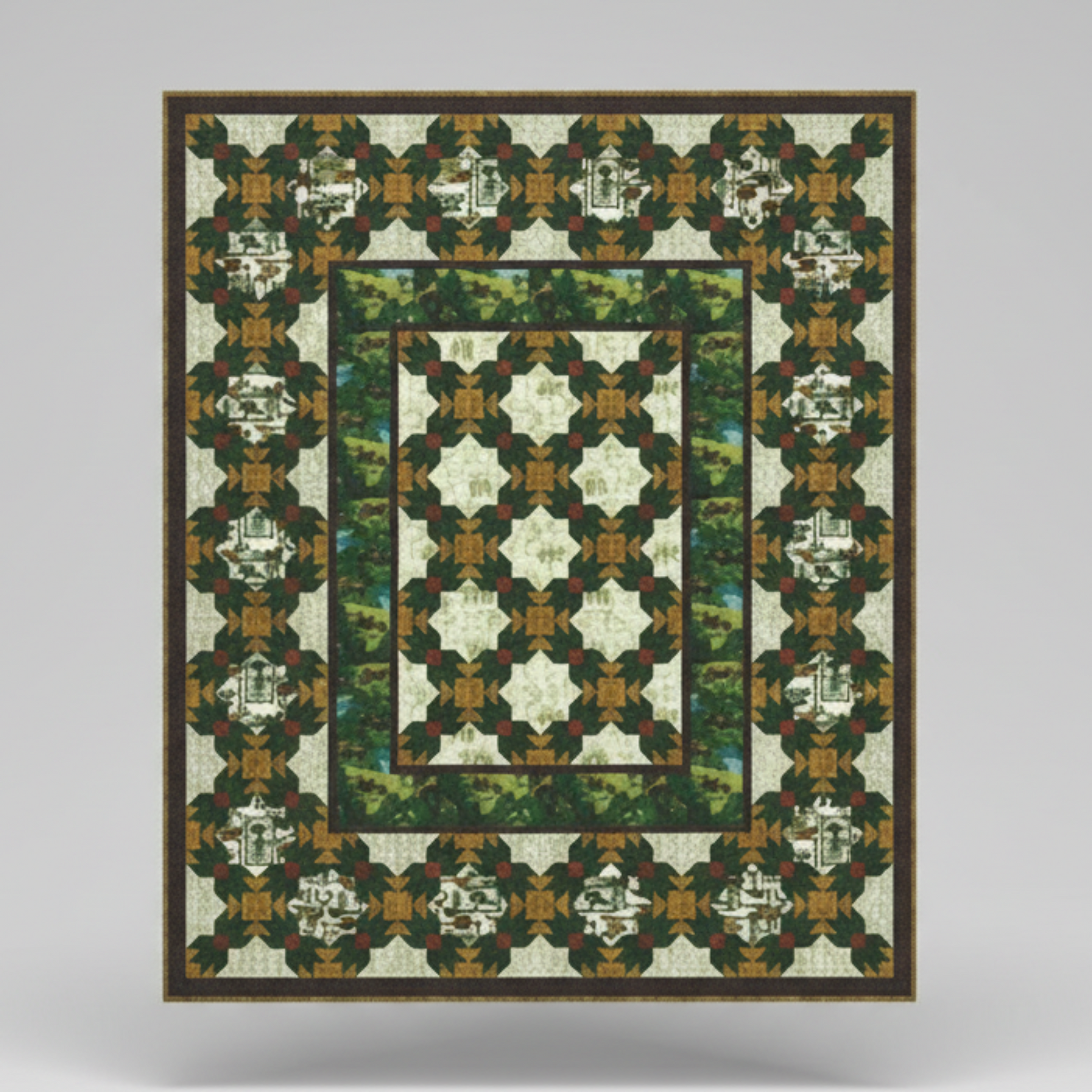 Quilt with geometric pattern on a gray background
