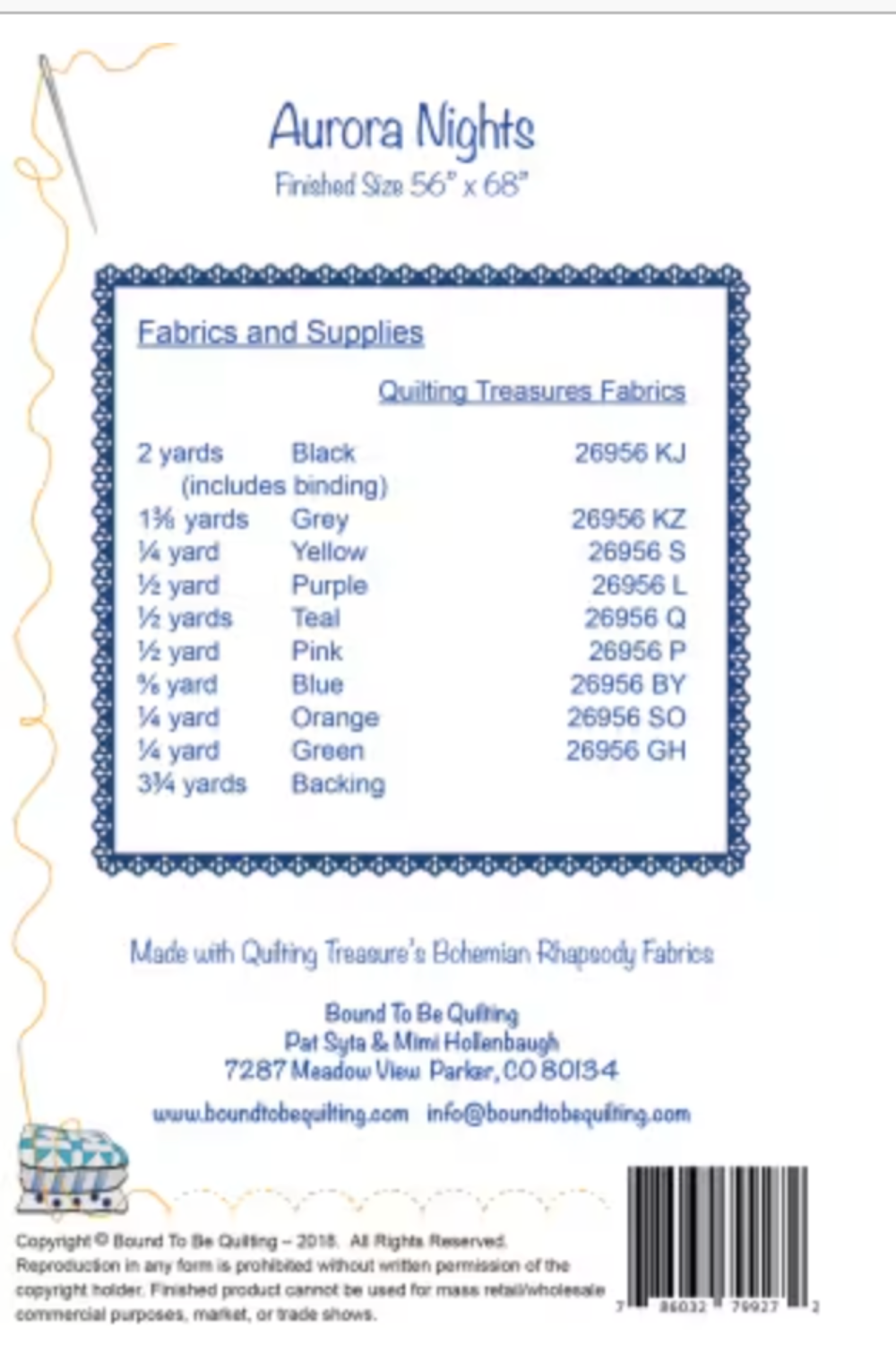 Fabric label for 'Aurora Nights' with fabric requirements and Quilting Treasures branding.